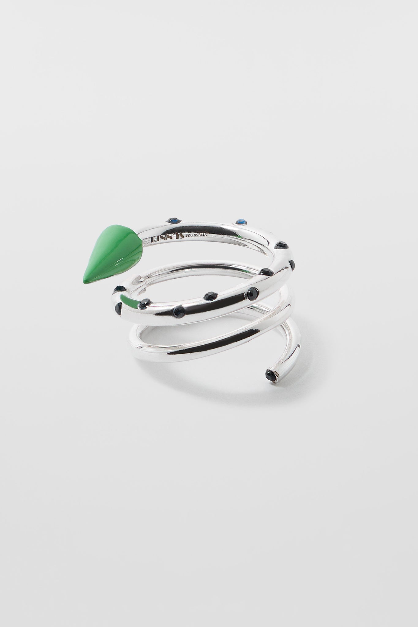 MEDIUM SPIRAL EAR-RING W/ STONES / silver / green & blue