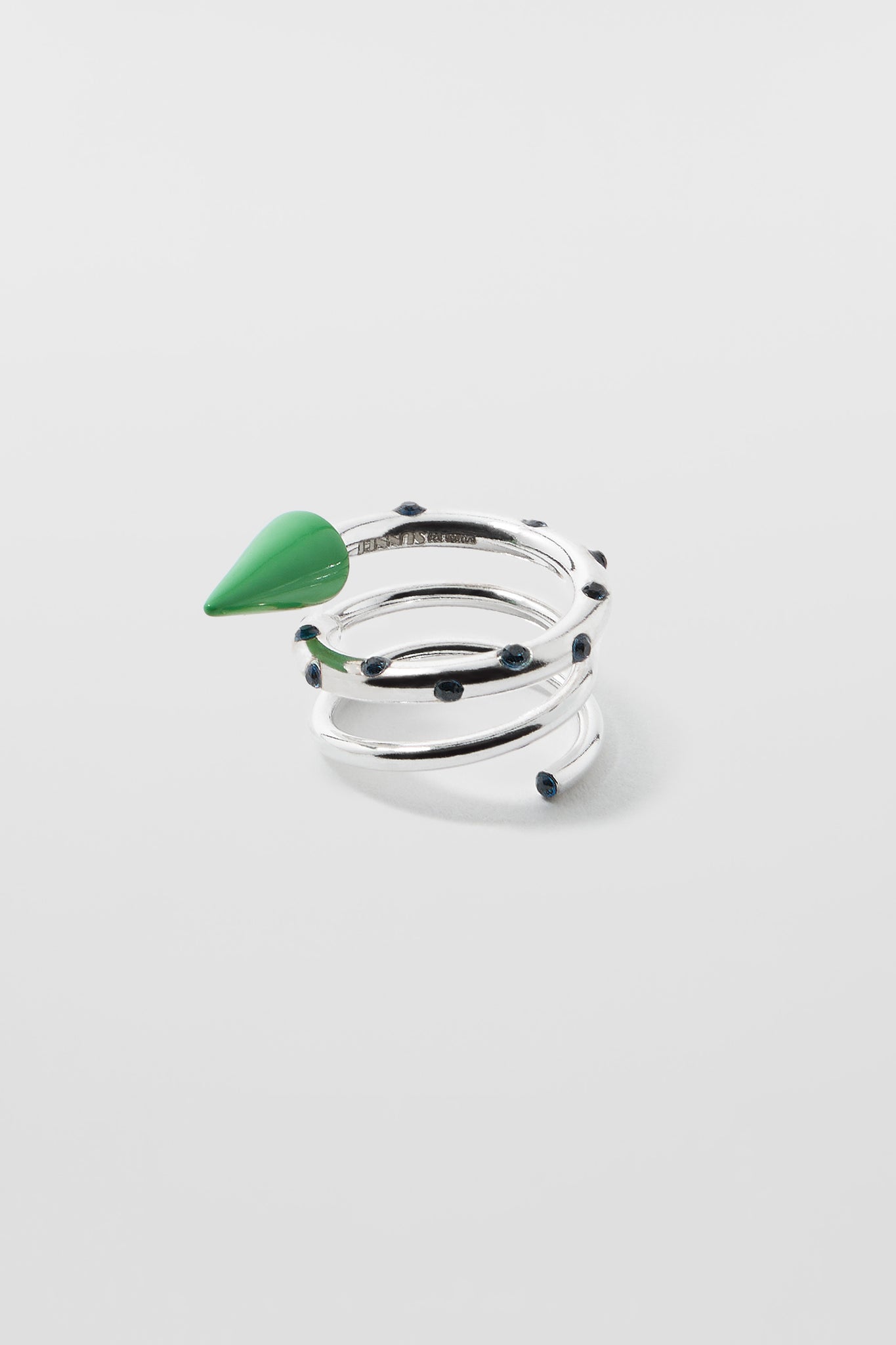 SMALL SPIRAL EAR-RING W/ STONES / silver / green & blue