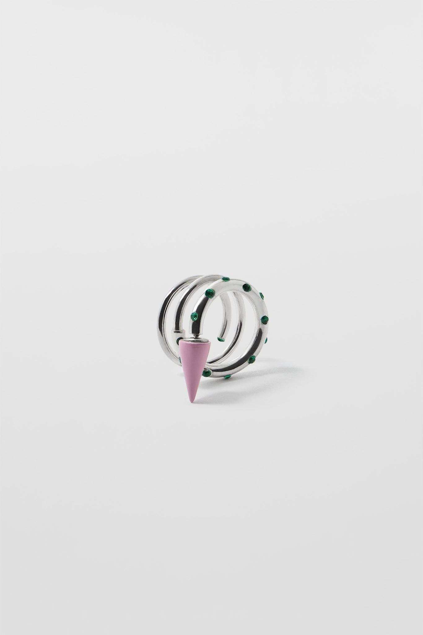 SMALL SPIRAL EAR-RING W/ STONES / silver / pink & green