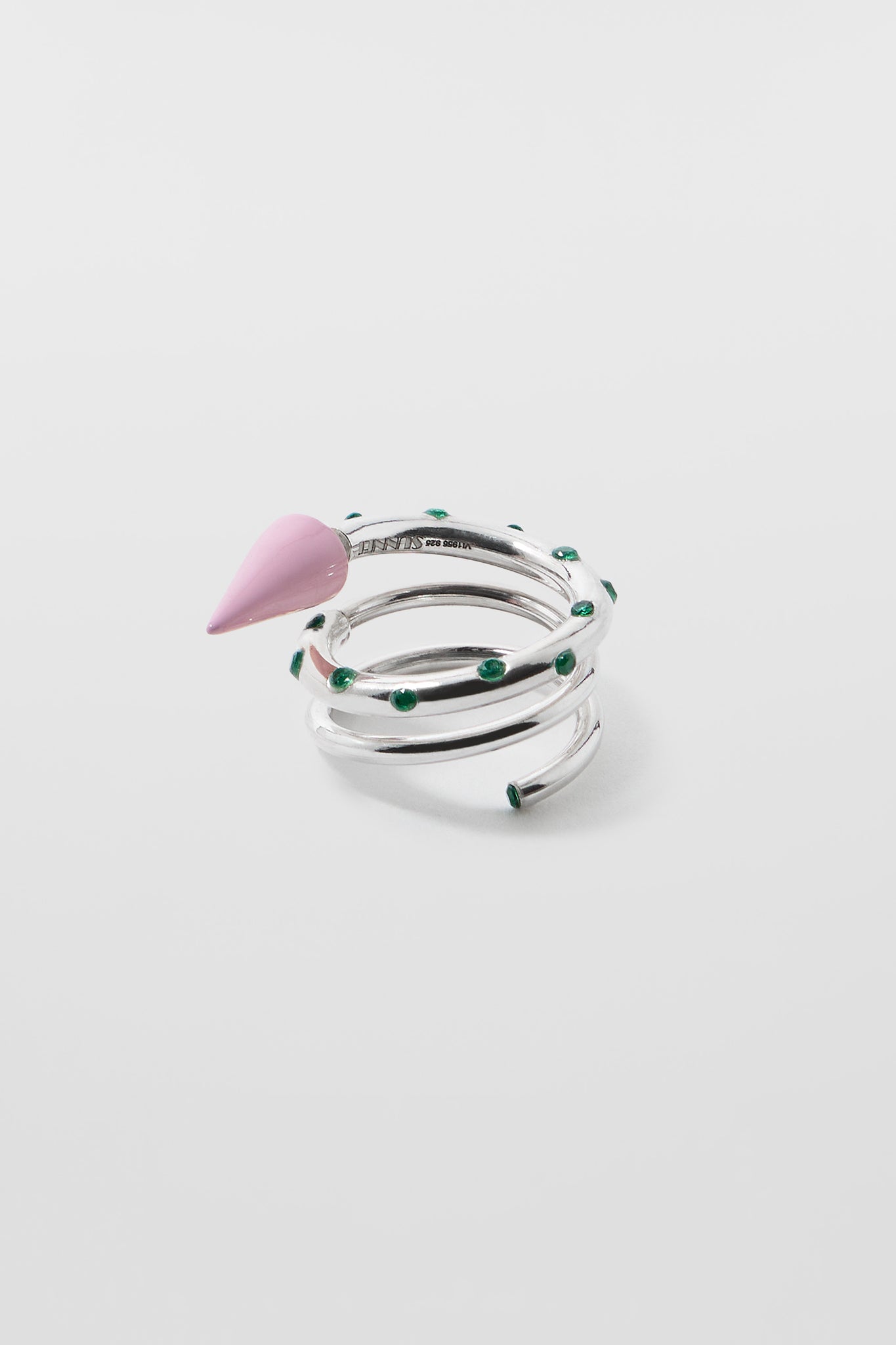 SMALL SPIRAL EAR-RING W/ STONES / silver / pink & green