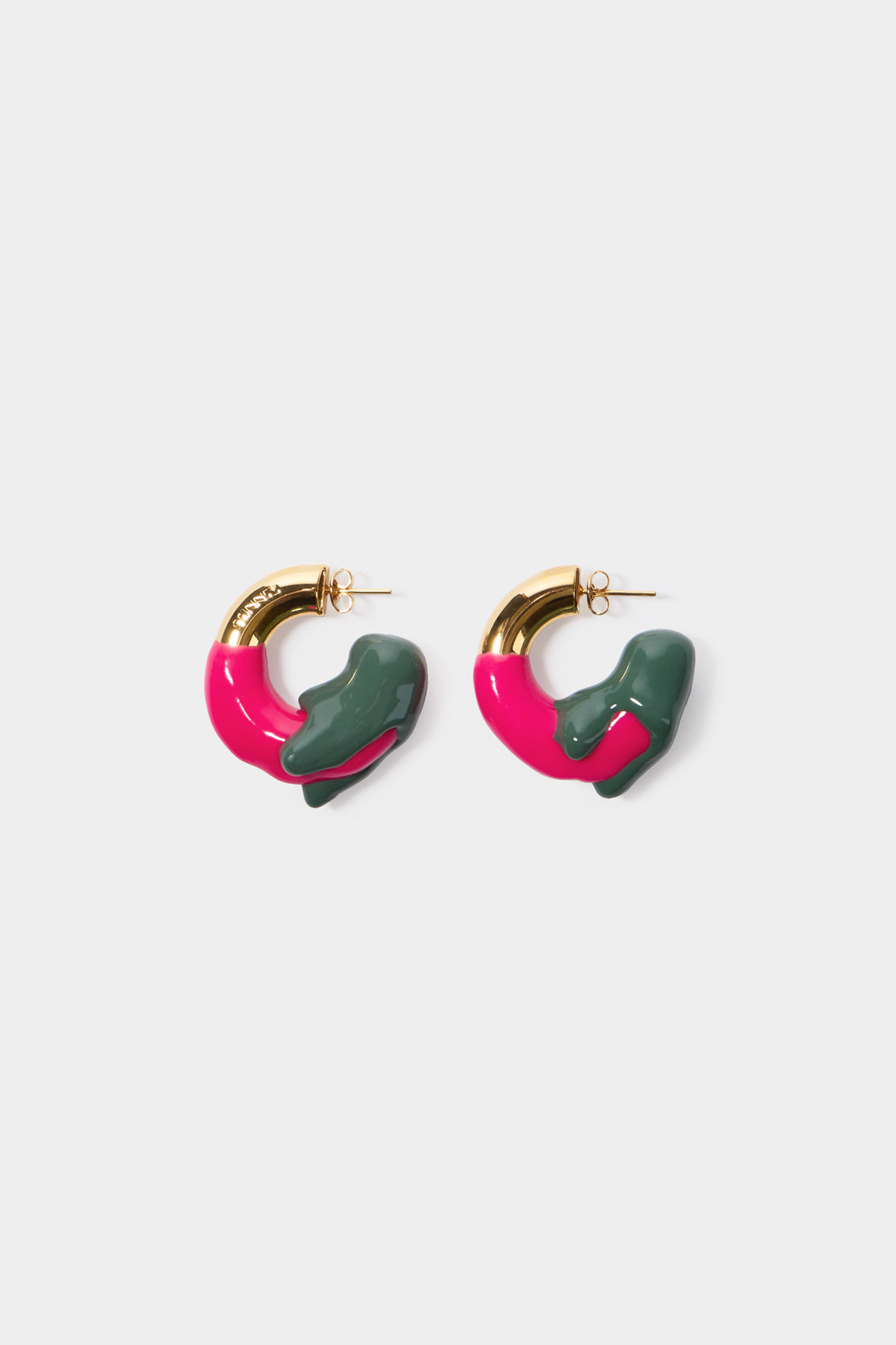 SMALL RUBBERIZED EARRINGS GOLD / fuxia & military green