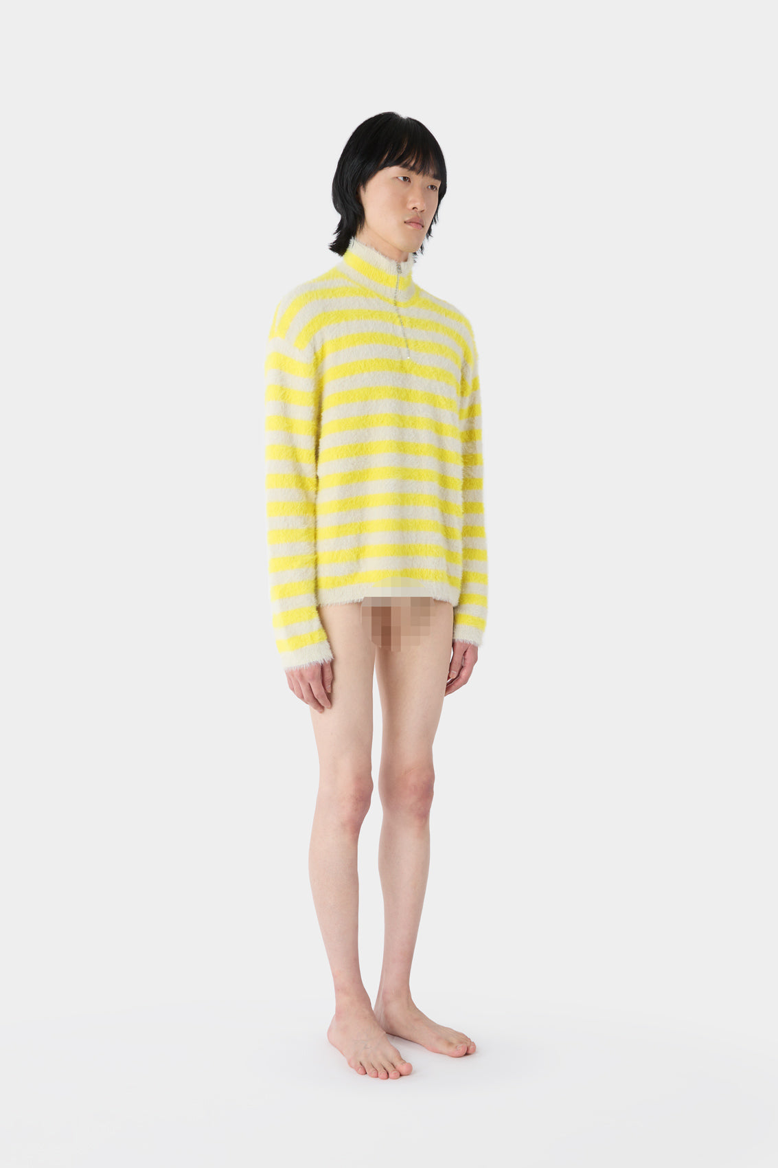 HIGH NECK FLUFFY LOGNG SLEEVE / beige & yellow stripes