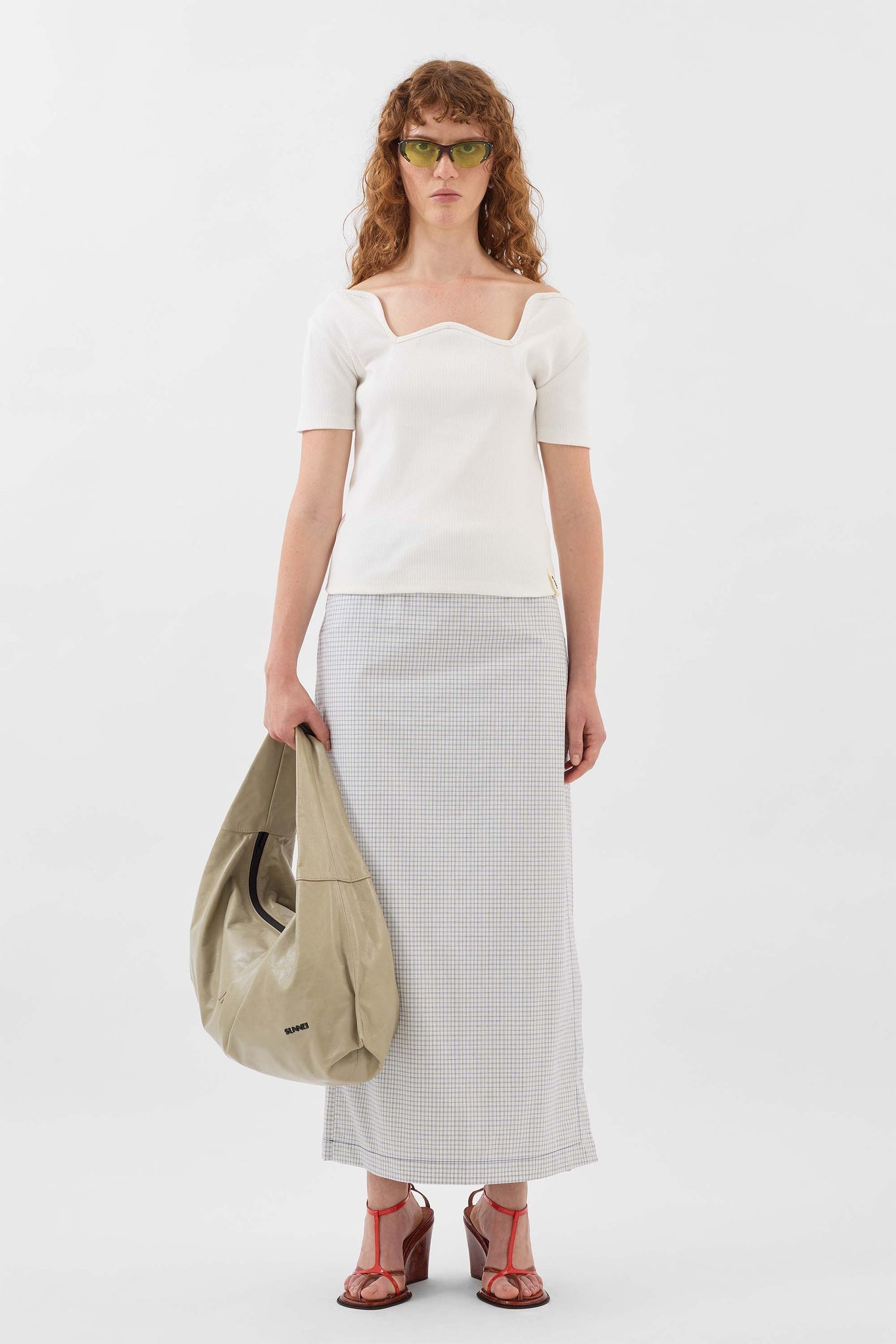 NEW LONG PANTA SKIRT / off white & blue check