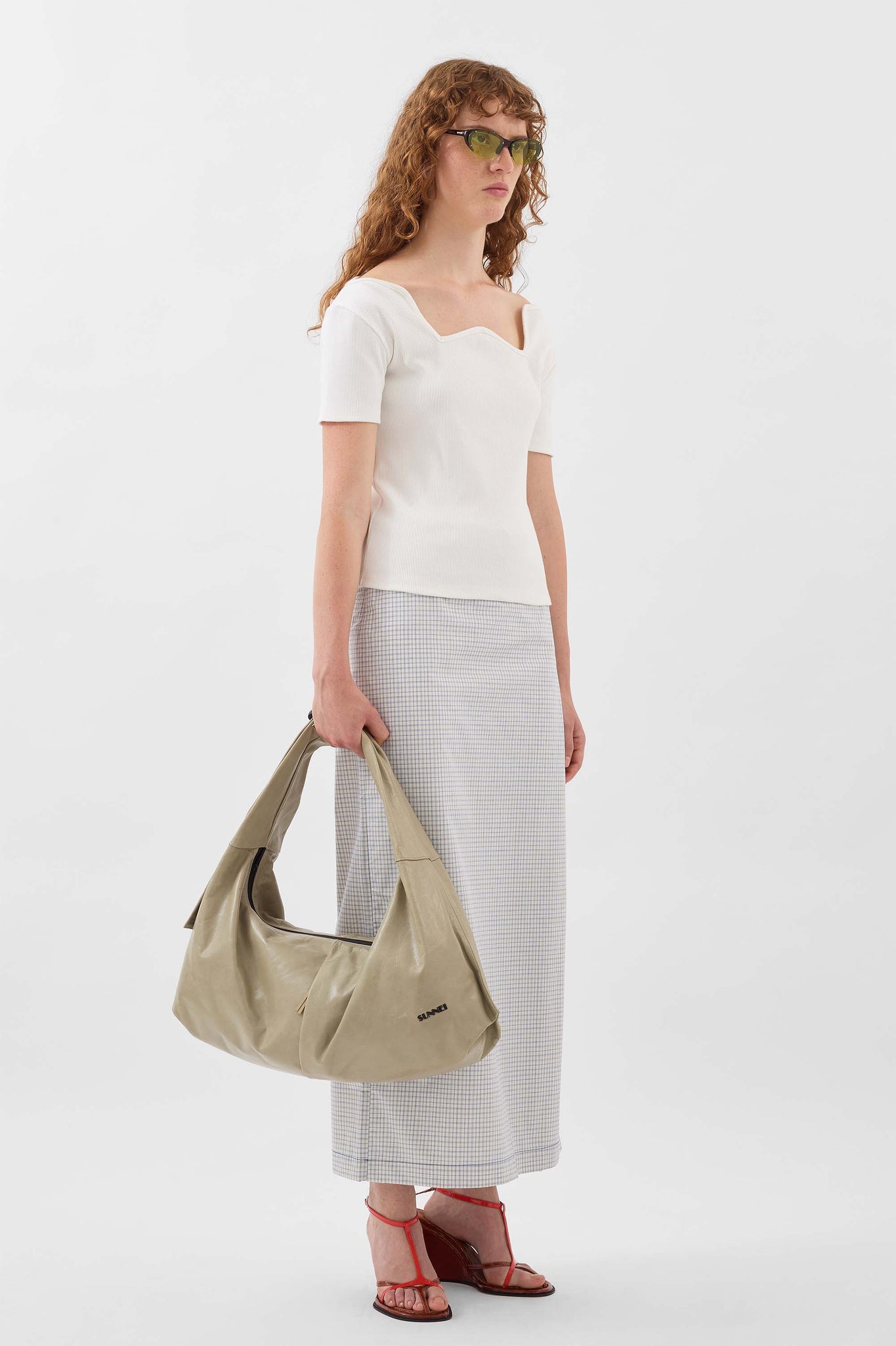 NEW LONG PANTA SKIRT / off white & blue check