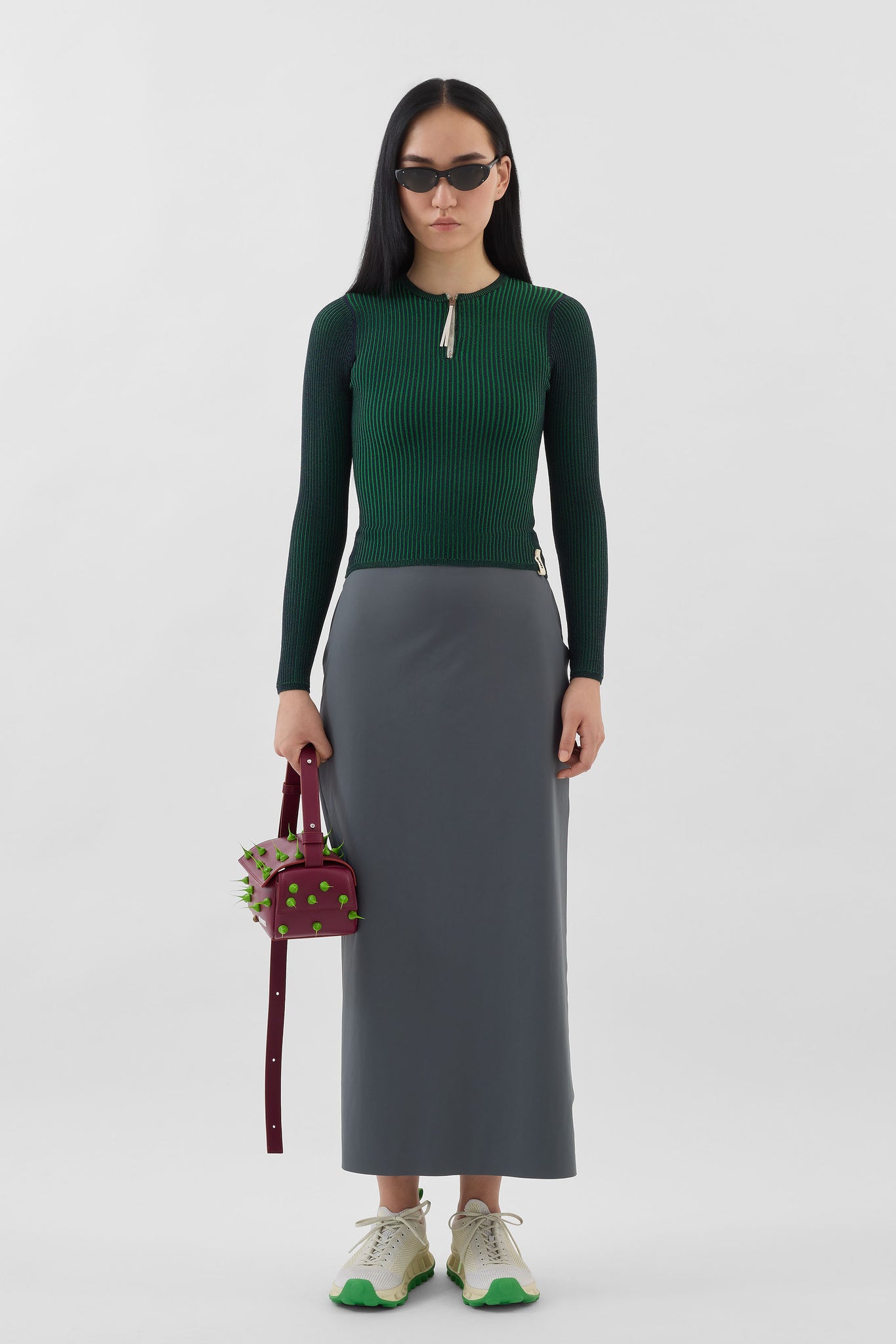 FITTED TOP W ZIP / dark blue & electric green