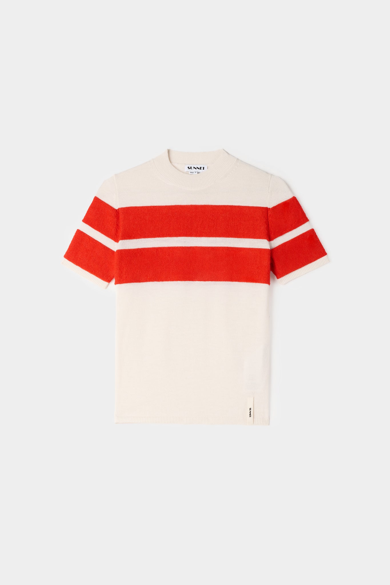 STRIPED KNIT SHORTSLEEVE TOP / off white & acid red