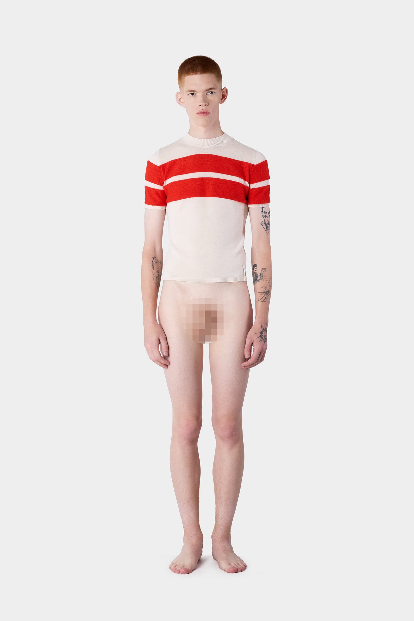 STRIPED KNIT SHORTSLEEVE TOP / off white & acid red