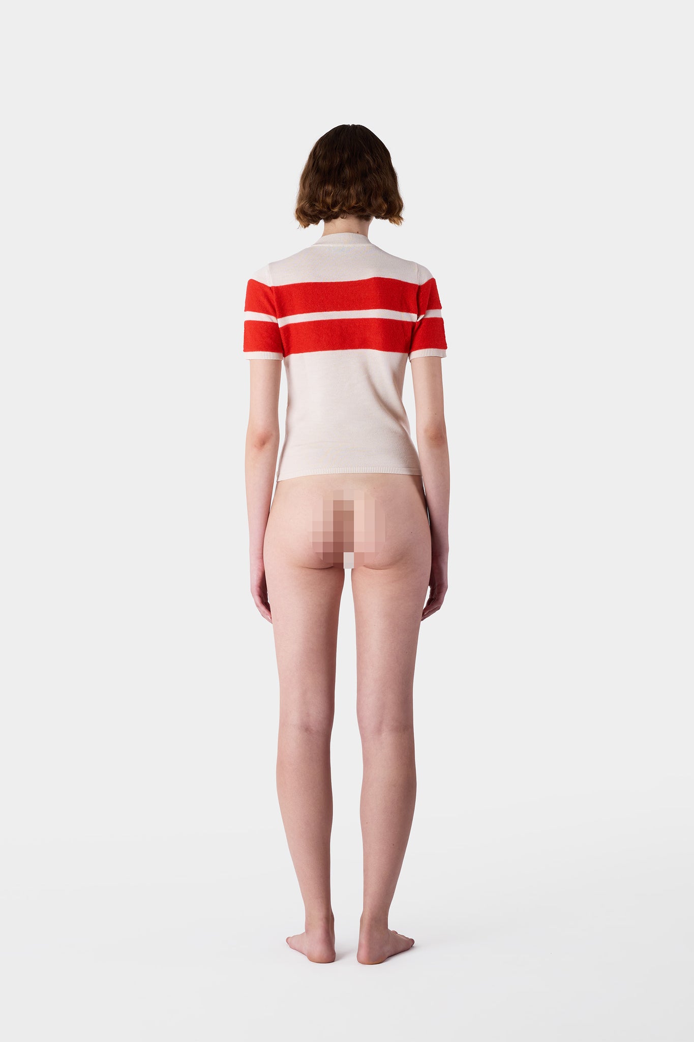 STRIPED KNIT SHORTSLEEVE TOP / off white & acid red