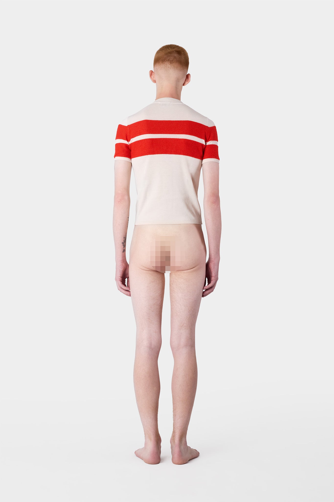 STRIPED KNIT SHORTSLEEVE TOP / off white & acid red