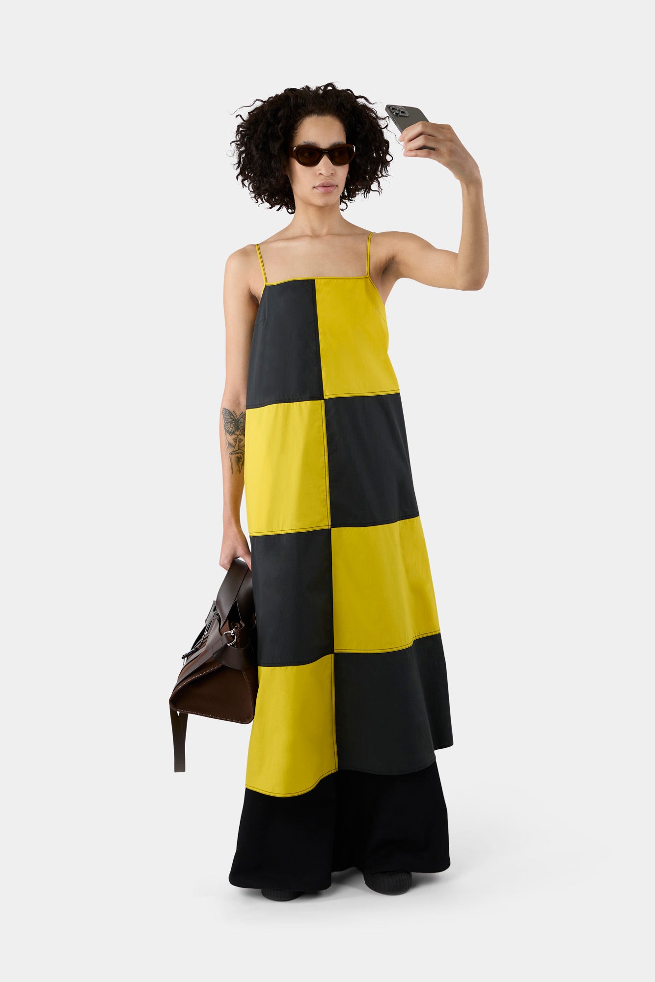 CHESS STRAP DRESS / petrol blue & yellow