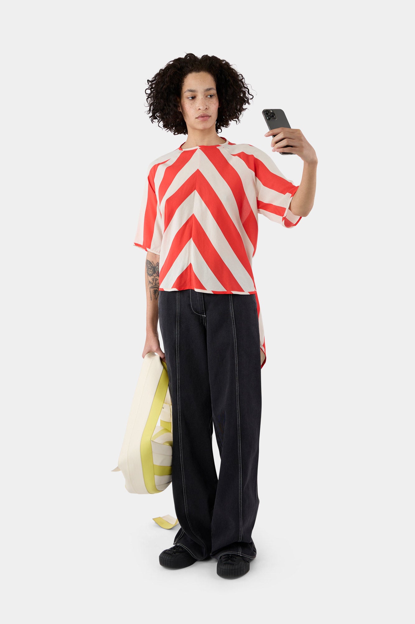 BACK WRAP T-SHIRT / red & beige stripes